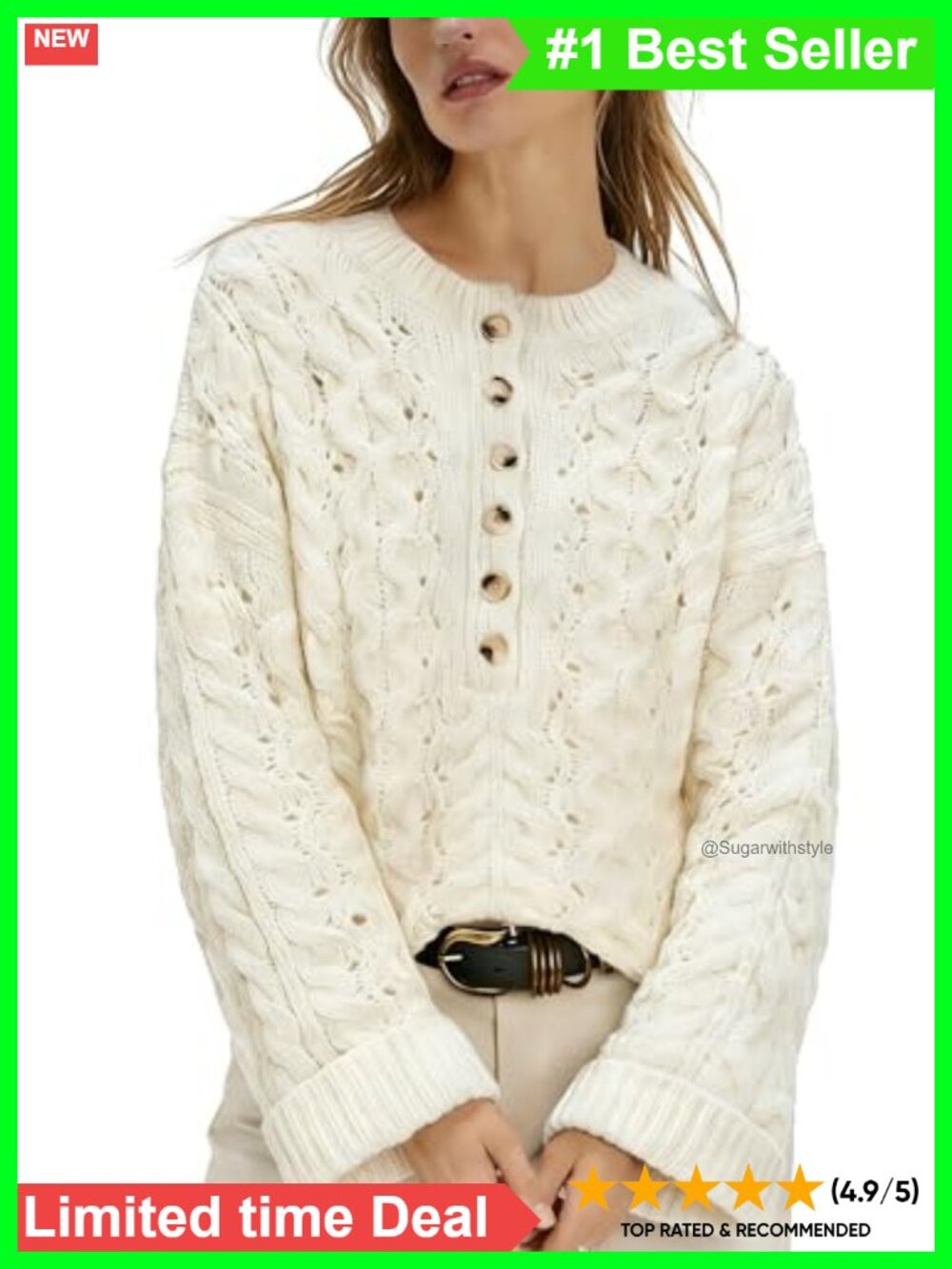 Cable Knit Henley Sweater Long Sleeve Relaxed Fit Pullover Women's
